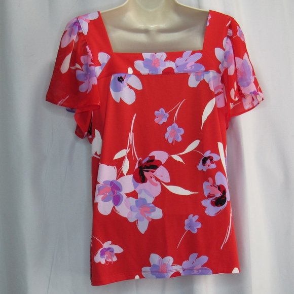 Calvin Klein Floral-Print Square Neckline Blouse Top Size M Red/Lavender - Picture 3 of 7